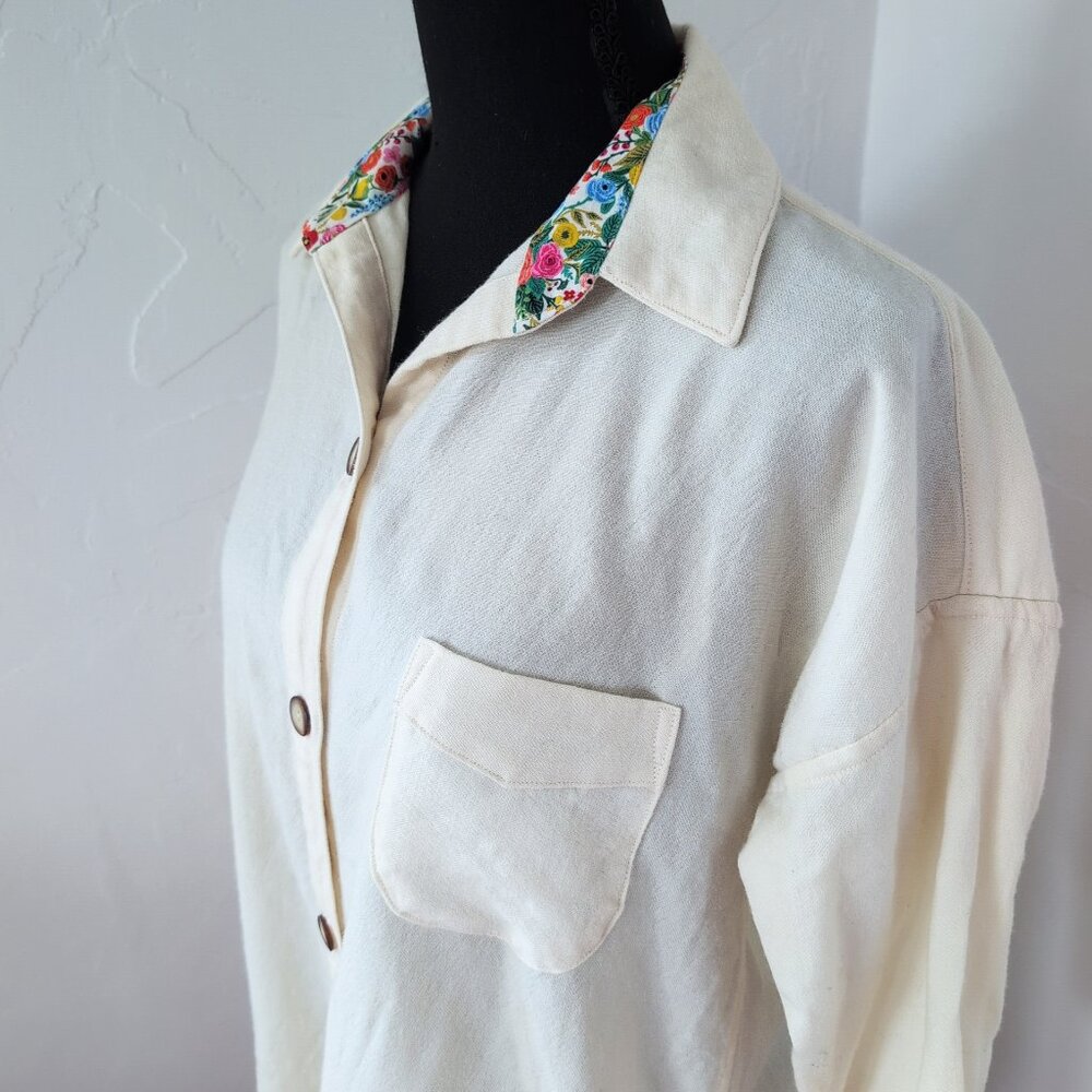 Rifle Paper Company Floral Trim Wool Blend Long-Line Button Up Tunic Off White